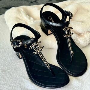 CHANEL Black Quilted Leather Sandals • Gold CC Chain • EU 38.5 / US 7.5